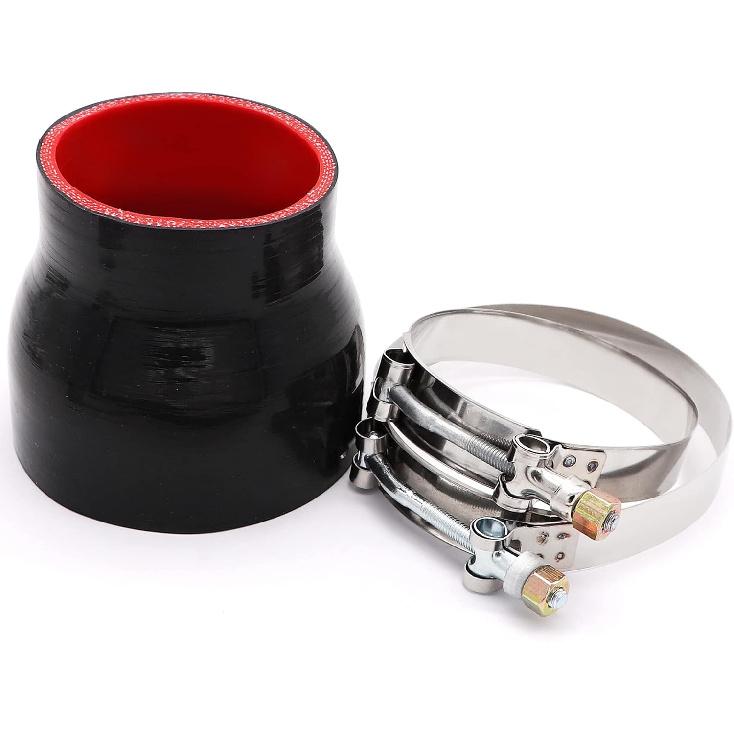 3 To 4 Inches Straight Black Silicone Reducer Coupler With 2 T-Bolt Clamps 4 Layers Of Polyester Reinforcement Suitable High Level Turbo Pipe