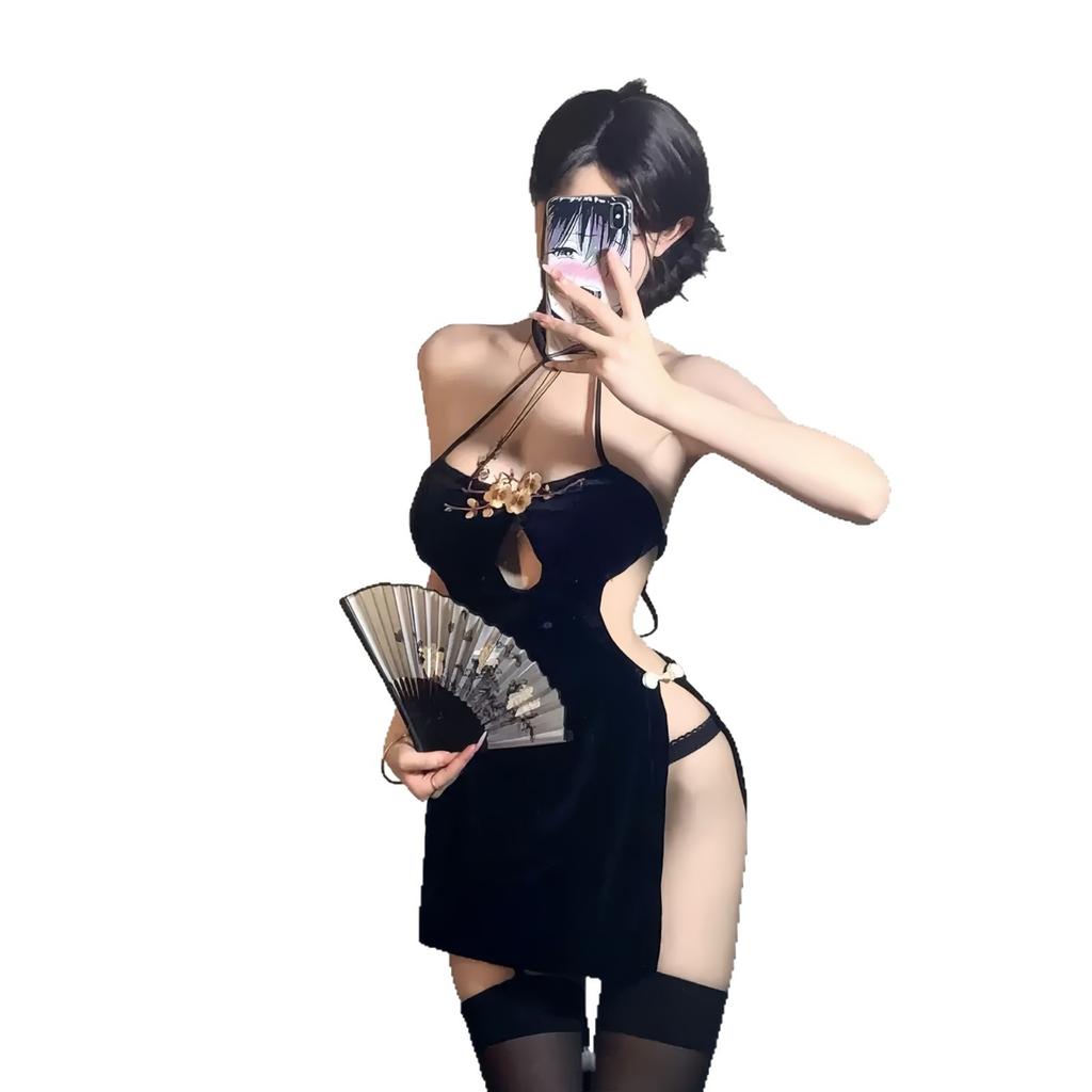 Large size sex plum blossom embroidery high split end sexy naked back cheongsam set pure desire to wipe the edge uniform woman