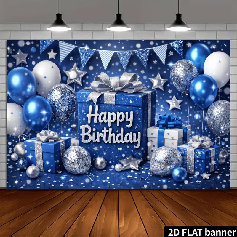 2D Coole Blaue Glitzer Konfetti Happy Birthday Hintergrund Banner mit Wimpelketten
