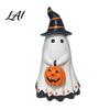 Halloween Holiday Vibes Decor Ghost Figurine Cute Wearing Hat And Holding Themed Party Accessory Pumpkin Statue Resin Ornament for Shelf Tabletop