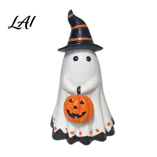 Halloween Holiday Vibes Decor Ghost Figurine Cute Wearing Hat And Holding Themed Party Accessory Pumpkin Statue Resin Ornament for Shelf Tabletop