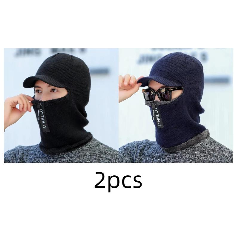 Thicken Warm Visor Beanies Hats For Men Ear Face Mask Neckwarmer Cap Men's Winter Plush Balaclava Lined Knitted Hat With Zipper