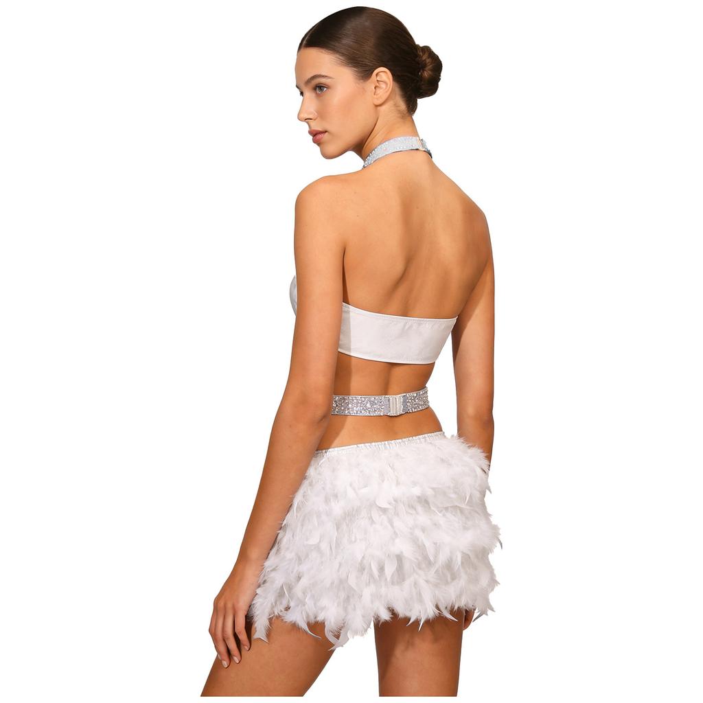 Damen Funkelnde Strass Tanz Bodysuit Kunstfeder Akzente Neckholder Rückenfrei Ärmellos Leotard Latein Kostüm