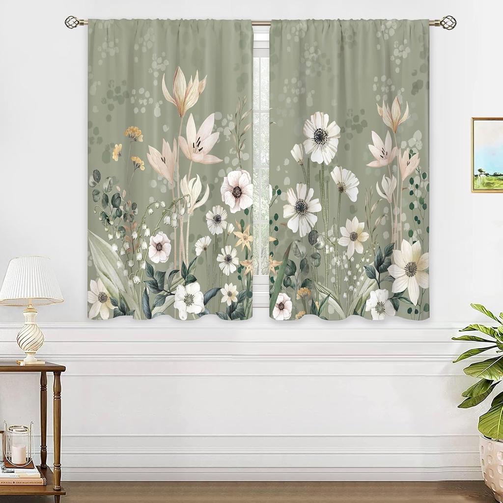 Green Boho Flower Small Kitchen Curtains Flower Plant Window Treatment Botanical Herb Chic Rod Pocket Cafe Short Window Curtains for Bathroom Dining