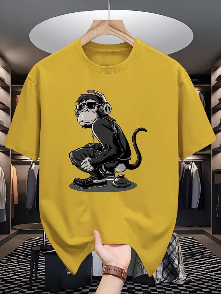 Unisexs Crew Neck T Shirt Cool Monkey With Headphones Sunglasses Graphic Short Sleeve Casual Cotton Hip Hop Music Streetwear Tees