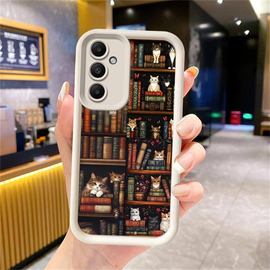 Coque de téléphone pour Samsung Galaxy A16 A34 A12 A14 A32 A23 A26 A56 A15 A51 A73 A53 A54 Coque souple Étagère à livres vintage Chaton
