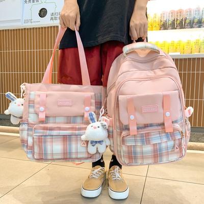New Large-capacity Make-up Bag Trendy and Fashionable Plaid Junior High School College Student Backpack Two-piece Backpack Fashionable
