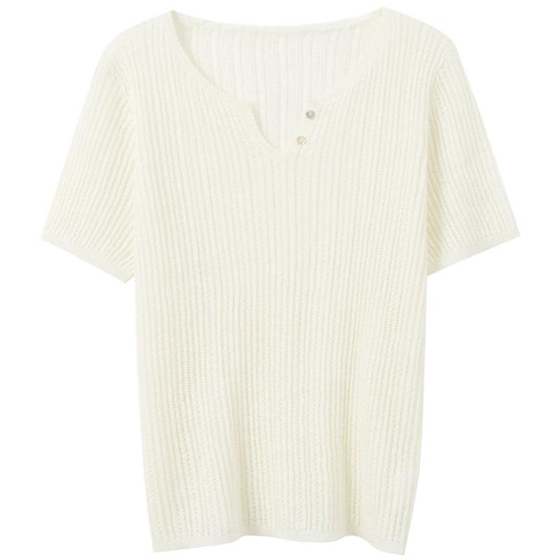Sancai Textured V-Neck Short Sleeve Knit Top L