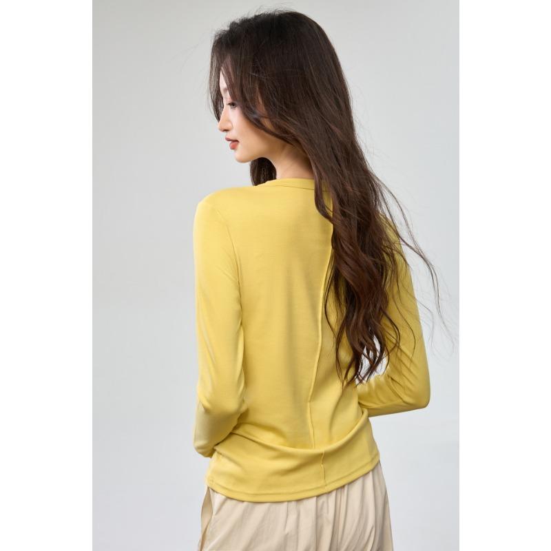 Combed Cotton Solid Simple Round Neck Long Sleeve Women T Shirt Basic Top
