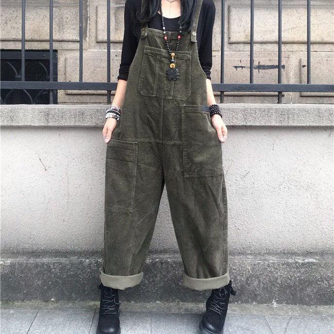 Autumn Rompers Solid Wide Leg Playsuits Women Casual Straps Suspender Overalls Vintage Corduroy Jumpsuits
