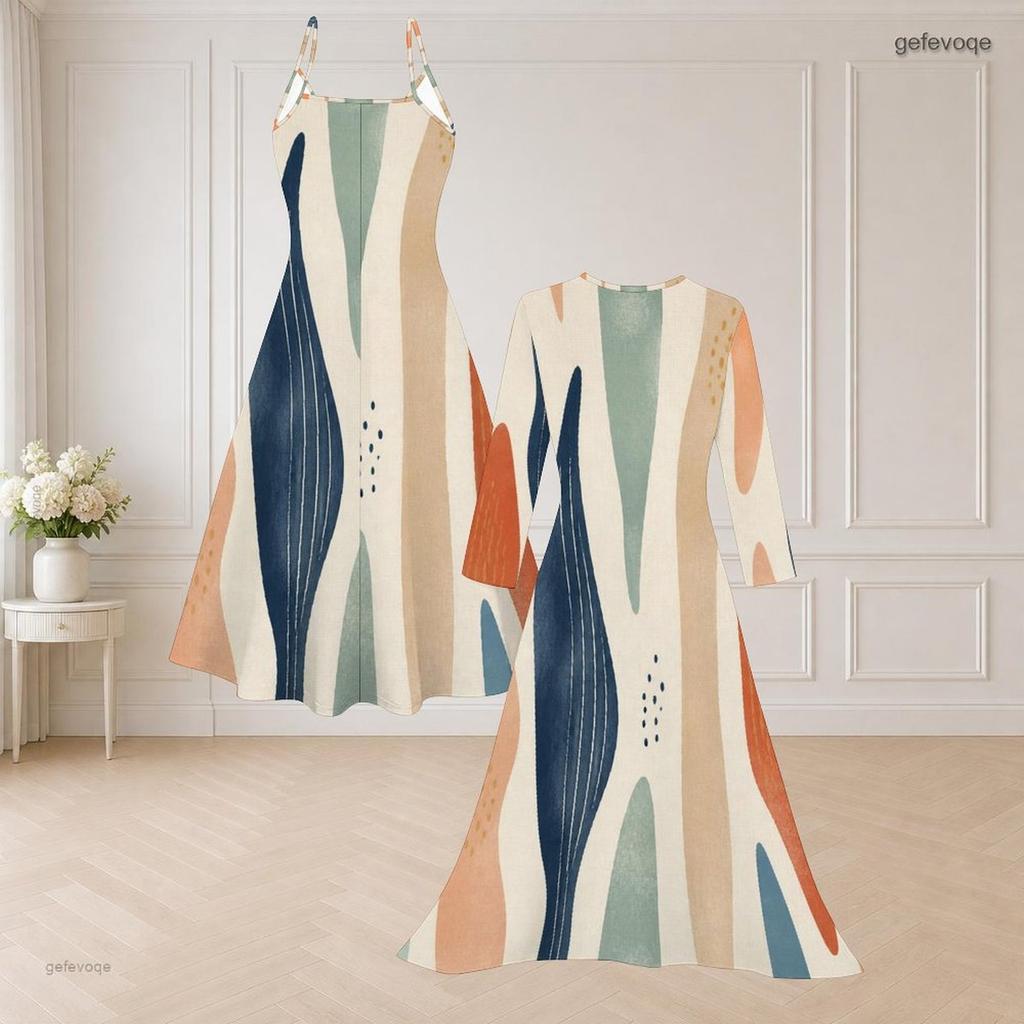 Women Plus Size Two Piece Set Geometric Leaf Printed Strappy V Neck Flared Dress And Long Sleeve Open Front Cardigan