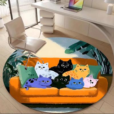 1PC Cat Family Office Round Area Rug,  Mat Suitable ForOffice, Under Office Chairs Bedroom Living Room Home Decor, Room Deco