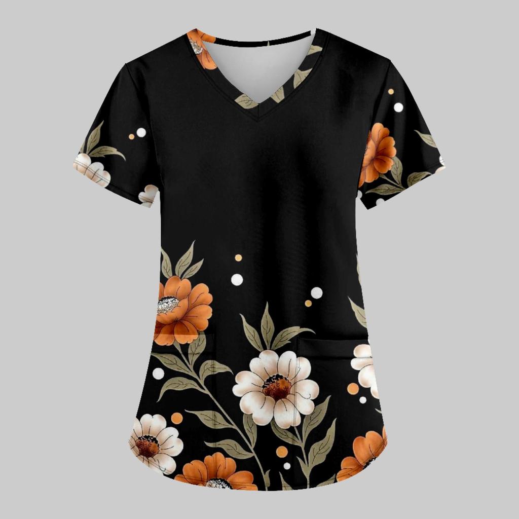 Women's Fashion Printed Work Uniform With Pocket T-Shirt Short Sleeve Top