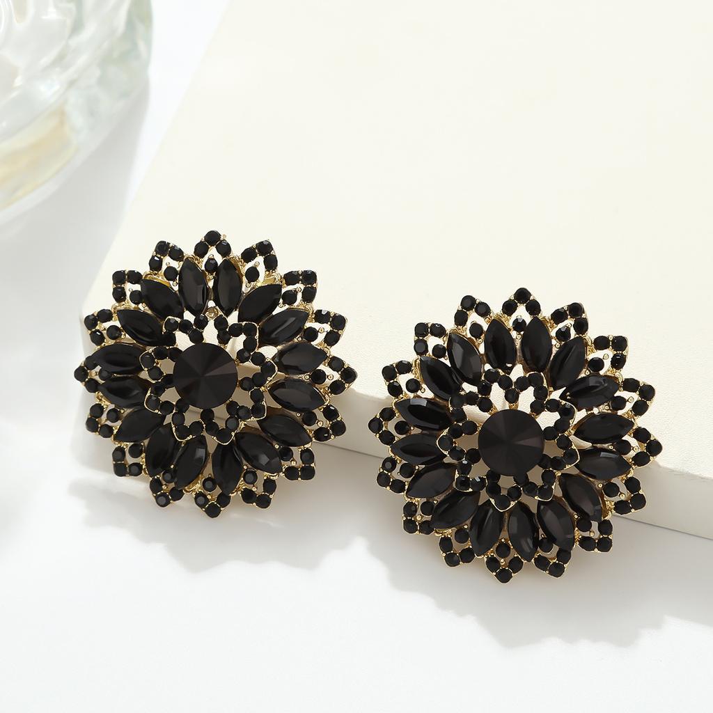 Luxury Full Rhinestone Flower Earrings For Women Exaggerated Fashionable Atmospheric Studs Temperament Versatile Commute Jewelry