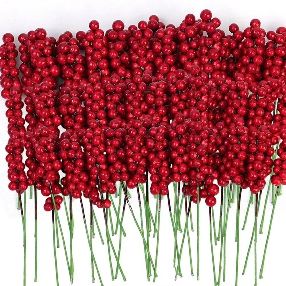 30PCS Flexible Wire Stem Artificial Berry Picks Red Color Red Berry Stem  Christmas Tree Decor