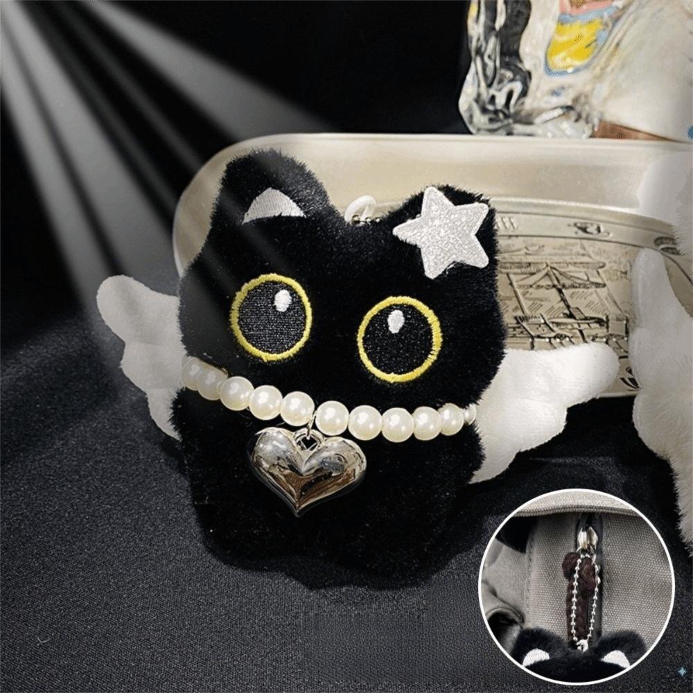 Wings Black Cat Plush Doll Keychain Star Car Key Ring New Doll Bag Pendant  School Bag Decoration