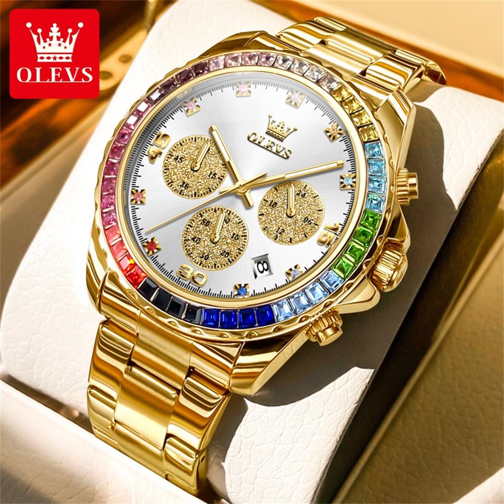 OLEVS 2939 Top Brand Men's Quartz Watch Rainbow Diamond Bezel Waterproof Chronograph Date Display Man Wristwatch Luxury Business