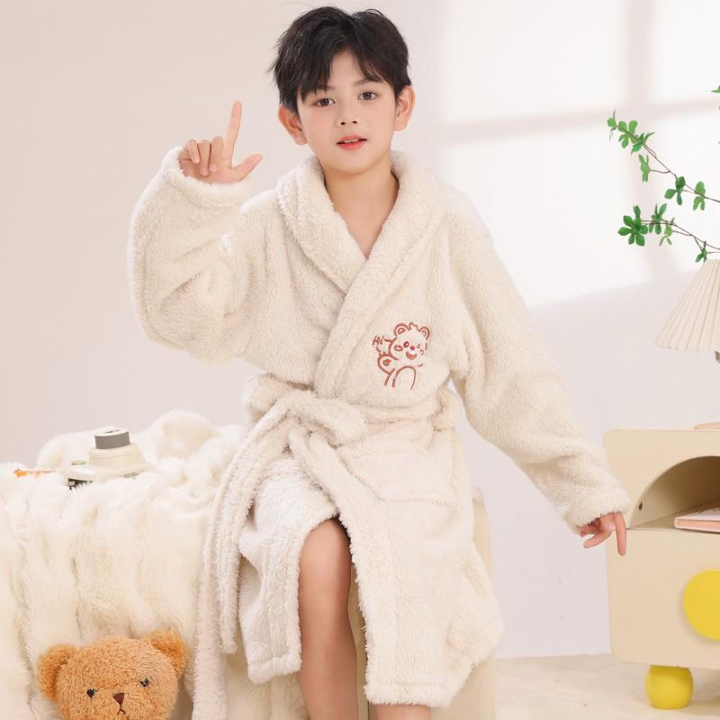 Boys Thick Flannel Robe Sleepwear Kids Ages 3-8 Coral Fleece Pajamas Bathrobe With Cartoon Print Warm Cozy Home Wear