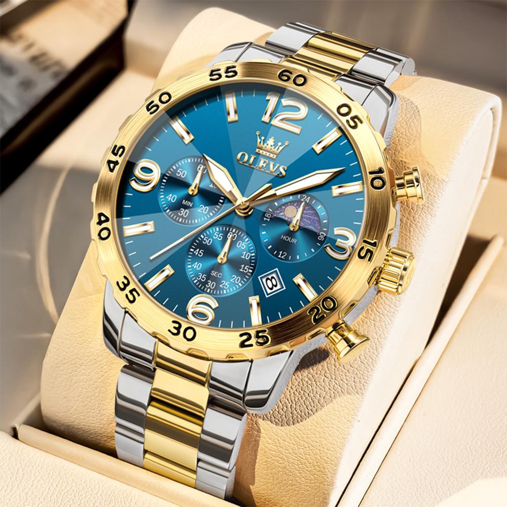 OLEVS Sports Black Stainless Steel Men Watch Moon Phase Luxury Night Glow Calendar Quartz Fashion Watch reloj hombre