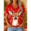 Christmas Reindeer Print Women's T-shirt Casual V-neck Loose Short Sleeved Top Fun Cartoon Christmas Element Pattern T-shirt