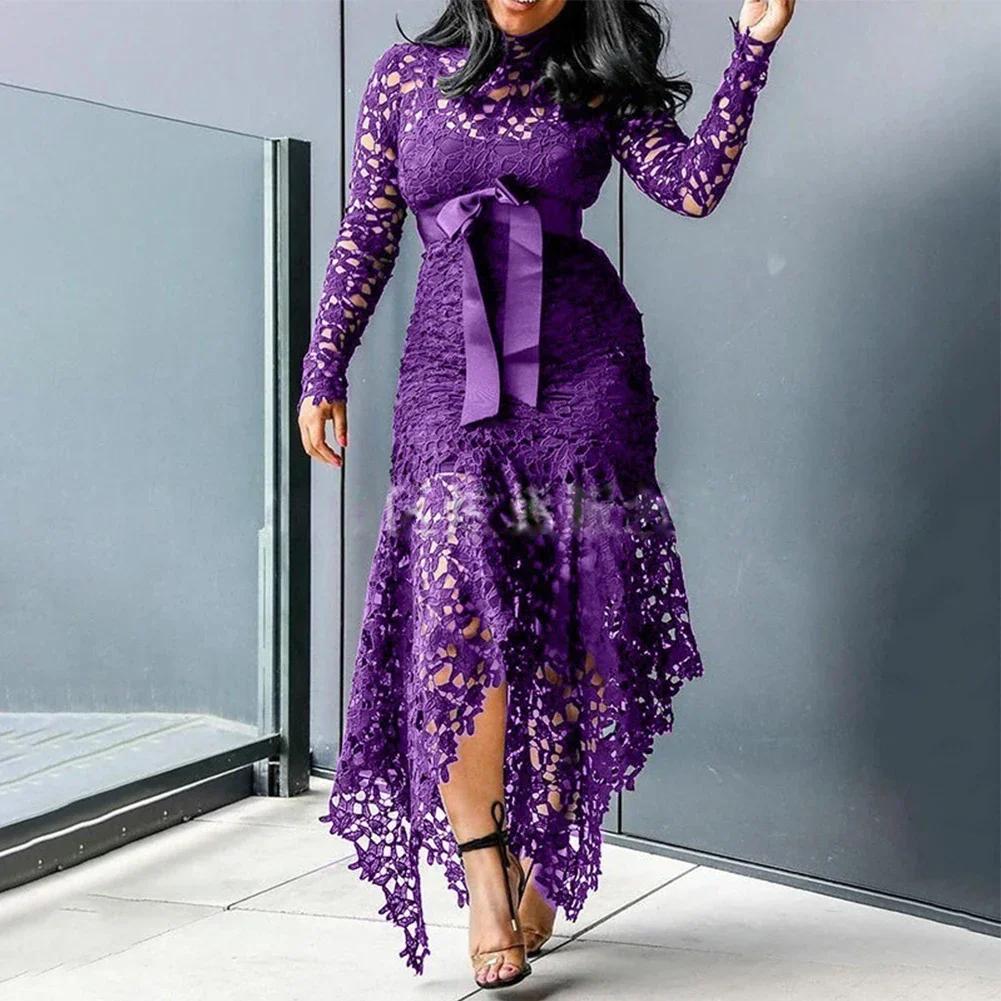 Abito lungo elegante in pizzo da donna, da sera, da festa, aderente, a maniche lunghe, taglie forti, alla moda