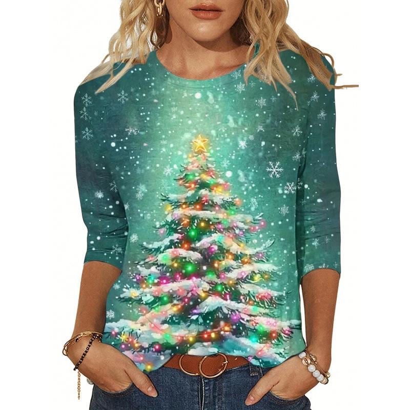 Autumn and Winter Ladies Christmas Kitten 3D Printed Crew Neck Long Sleeve T-Shirt