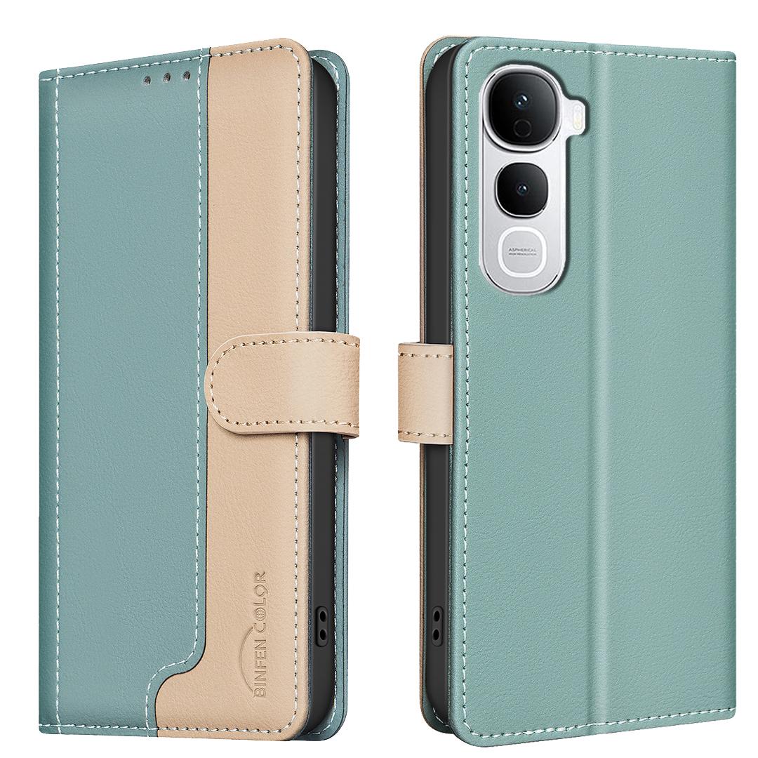 

For vivo Y400 Pro 5G Leather Case BINFEN COLOR Splicing Color RFID Blocking Wallet Stand Phone Cover Green