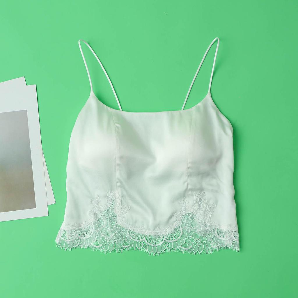 Silk Satin Mulberry Strap Top with Padded Bustier Bandeau Bra and Lace for Women