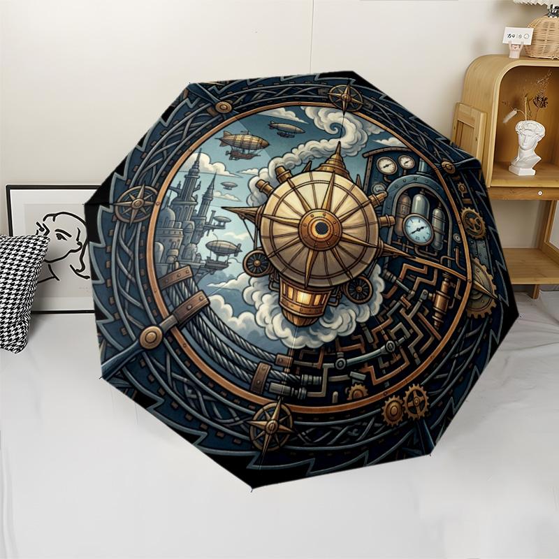 Steampunk Adventure Map Pattern Umbrella, Portable and Foldable Design, 8 Ribs, a Casual Accessory for Halloween, Christmas, and Birthday Gifts.