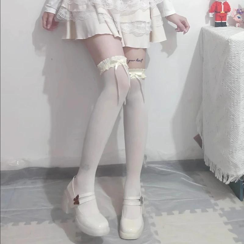 Women Lace Black White Ruffle Long Socks Women Girls Sweet Stockings JK Lolita Nylon Lace Leggings Over The Knee Bowknot Hosiery