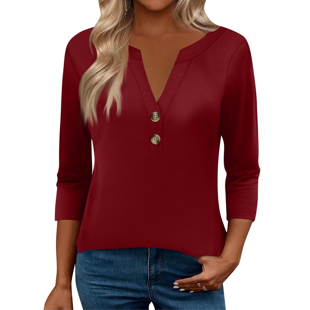 Damskie bluzki z rękawem 3/4 dla kobiet Bluzki Henely Guzik Dekolt V Luźny krój Eleganckie Damskie Letnie bluzki