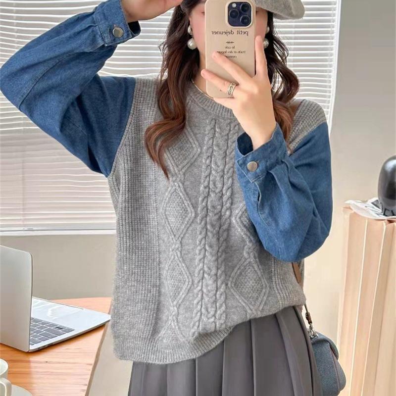 

Джинсовый свитер с круглым вырезом и длинными рукавами для женщин, осенне-зимний универсальный модный пуловер свободного покроя, трикотаж