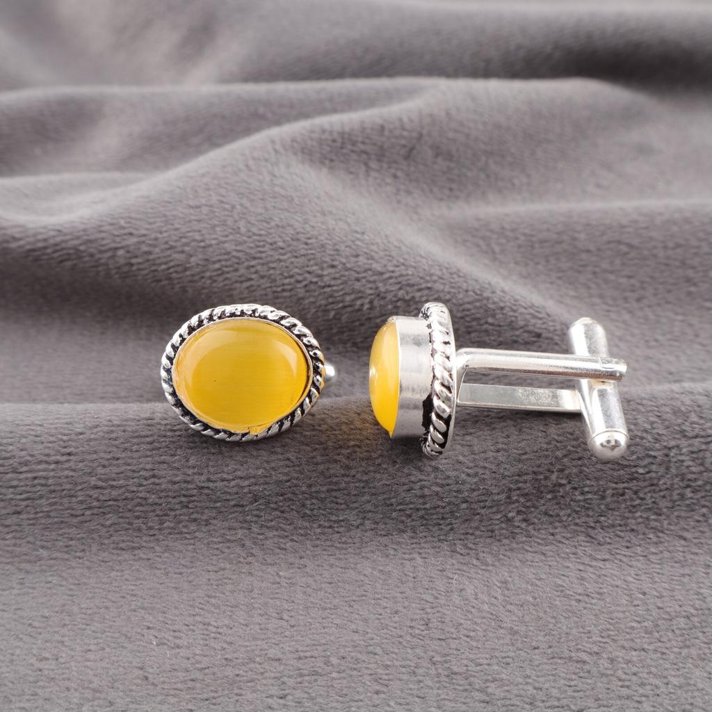 Yellow Cat's Eye Gemstone 925 Sterling Silver Handcrafted Cufflinks 0.6" For Men CL-1-28