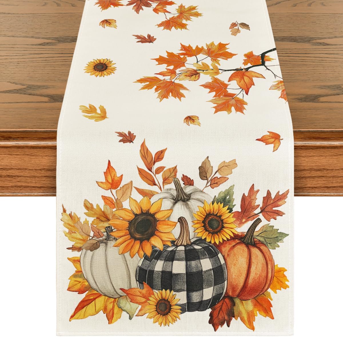 Citrouilles d'automne Feuille d'érable Tournesols Chemin de table en lin Décor de fête Réutilisable Chemin de table pour table de cuisine et de salle à manger Décorations d'automne 150x33cm beige