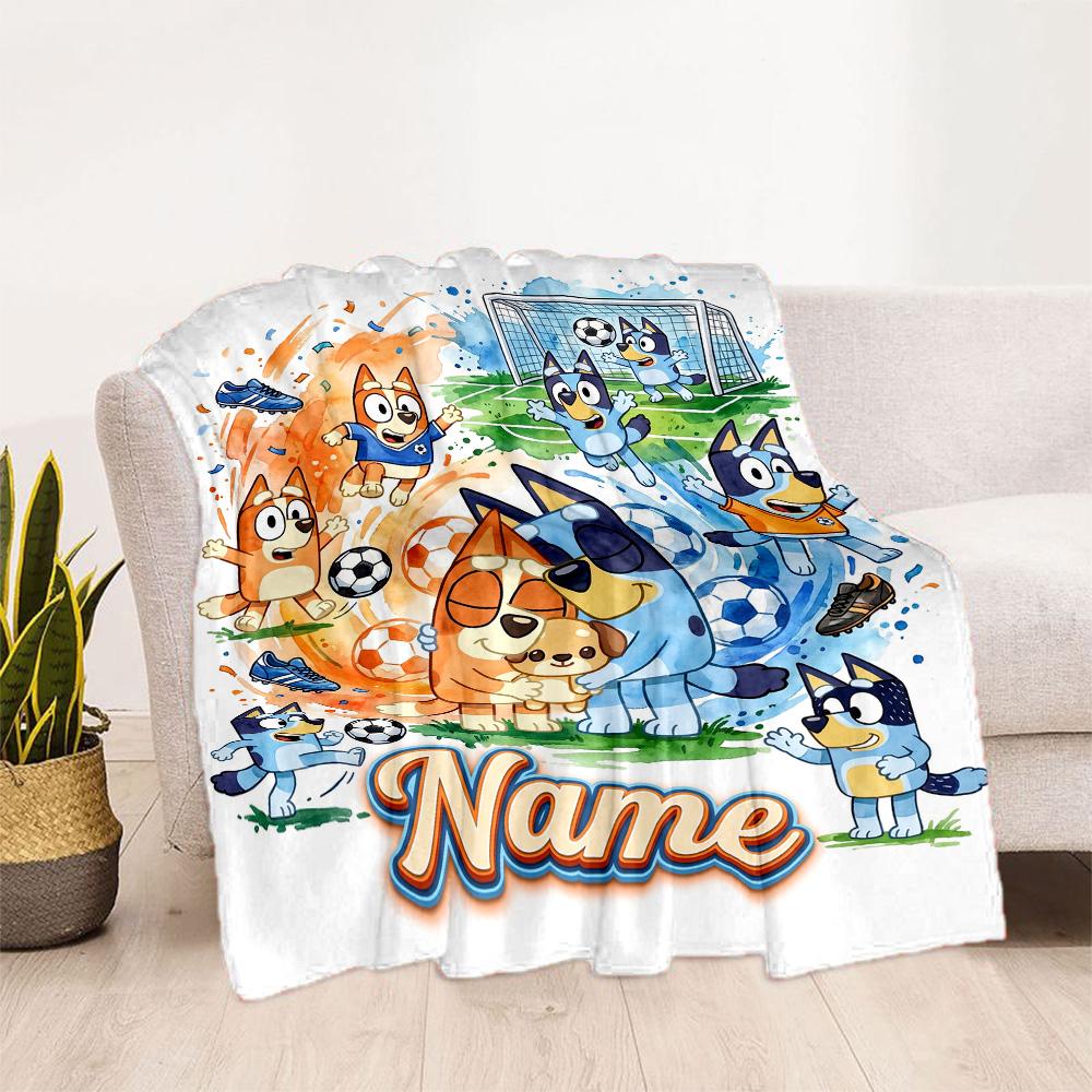 Soccer Fun Bluey Customize Text Blanket Throw Customizable Blanket Soft & Cozy Suitable for Bed Home Decor Couch Office Ideal for All Seasons