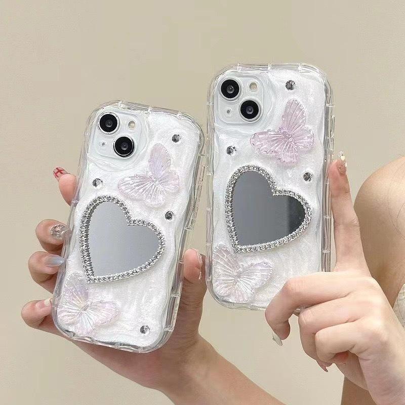 Rhinestone Butterfly Phone Case for Apple 17Pro Love Edge Rhinestone Glass Mirror for Apple 15 Drop Glue Fine Hole Soft