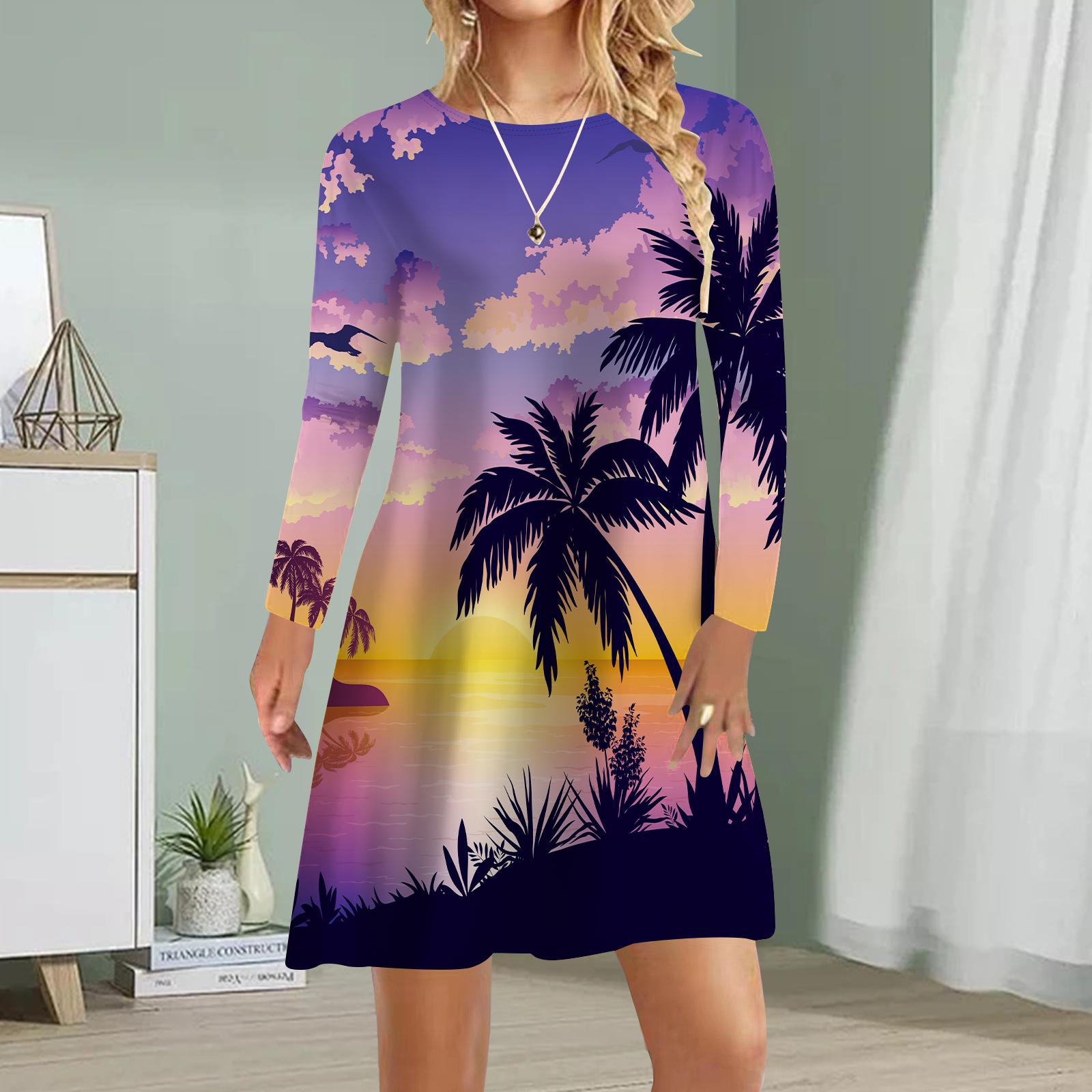 

Женское повседневное платье Осеннее платье с принтом кокосовой пальмы для женщин Платье с коротким рукавом и круглым вырезом Плюс Размер 3XL фиолетовый