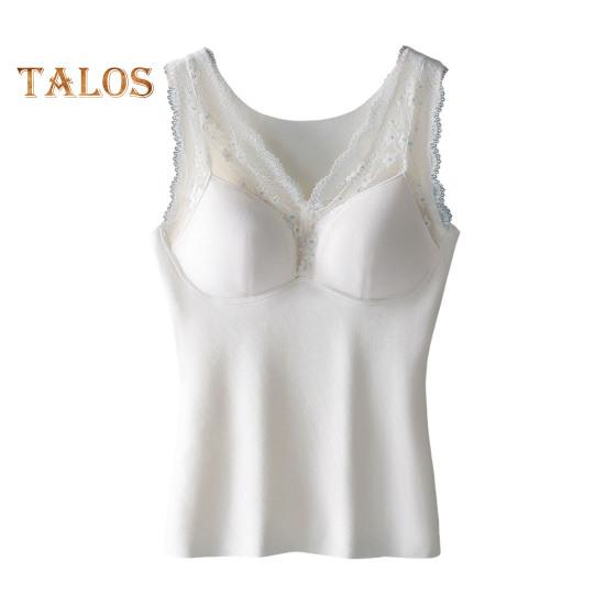 Winter Women Thermal Vest with Chest Pads Seamless Lace Fast Temperature Lock V Neck Slim Fit Elastic Sleeveless Inner Wear Bottoming Tank Top