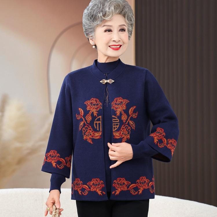 

Пожилой весенне-осенний свитер женский бабушкин комплект из двух предметов осенняя одежда мать китайское пальто пожилая женщина игла 3XL