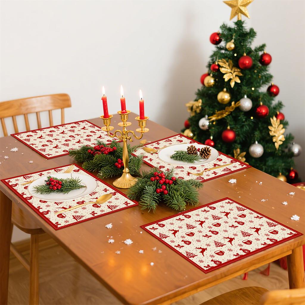 4pcs Cream Christmas Tree Reindeer Coffee Cup Snowflake Mistletoe Gift Bag Christmas Placemats, 12x18 Inch Washable