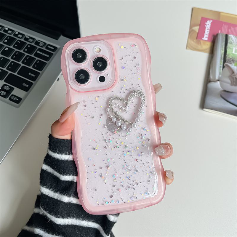 Apple 15 Promax Mobile Phone Case: Anti-Fall, Pearl Love, Soft Wave Transparent Epoxy DIY.