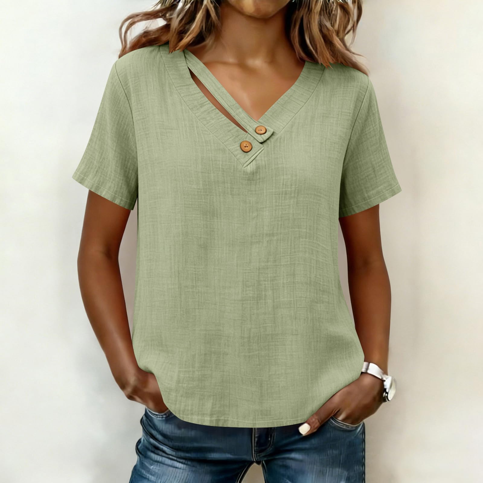 

Women s Casual Loose Fit V Neck Button Detail Short Sleeve Top Lightweight Summer Blouse with Textured Fabric and Relaxed Silhouette S зелений