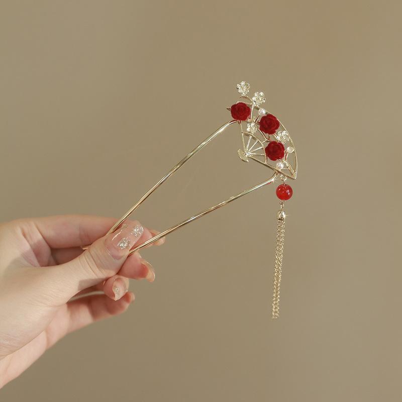 Vintage Chinese Style Rose Hairpin For Women Red Flower Element Tassel Hair Stick Elegant Exquisite Handmade Hair Accessories