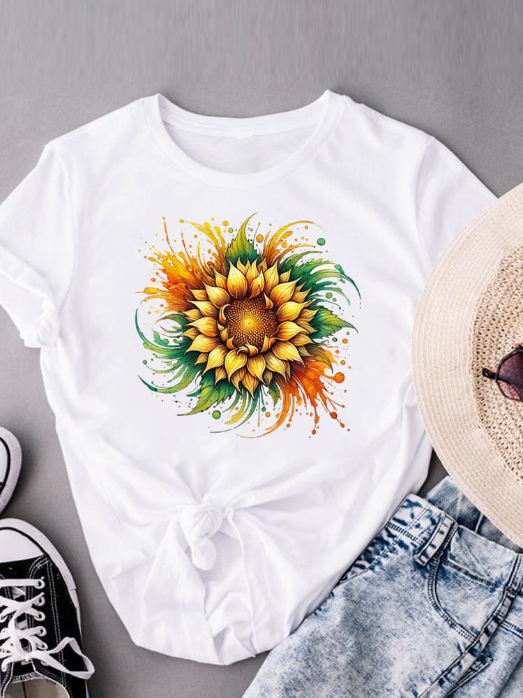 (Asian Size) Clothing Lovely Flower Style Trend Print Female Casual Short Sleeve Fashion T Women's Top Graphic Tee T-shirts