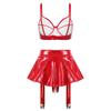S-4XL Wet Look PU Leather Bra Top and Skirt Set No Underwire No Padding Integrated Thong Layered Hem Mini with Garter Clips for Night Party