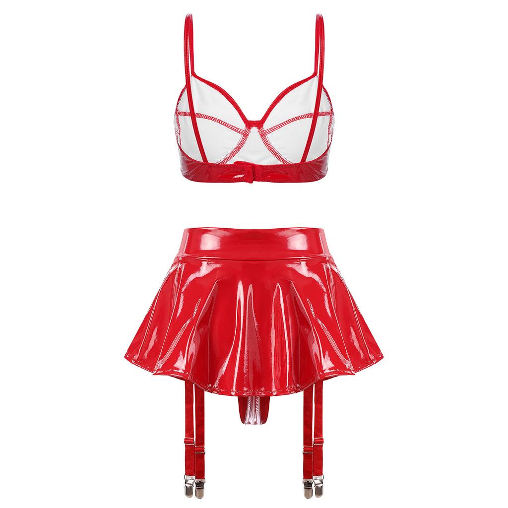 S-4XL Wet Look PU Leather Bra Top and Skirt Set No Underwire No Padding Integrated Thong Layered Hem Mini with Garter Clips for Night Party