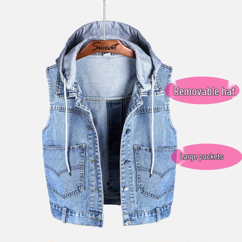 Hooded Korean Style Denim Vest for Women - Versatile Plus Size Outerwear for Spring, Autumn, Winter