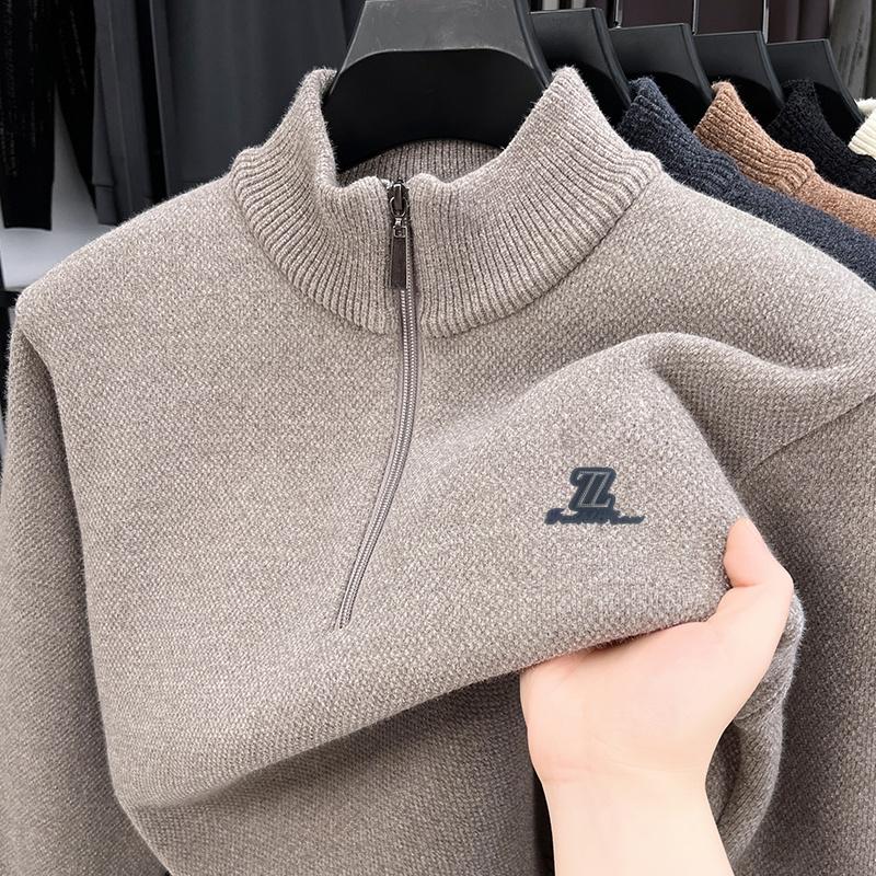 Winter Men's Half Height Zipper Knitted Sweater Original Design Letter Print Thicken Fashion Warm Casual Soft Menswear