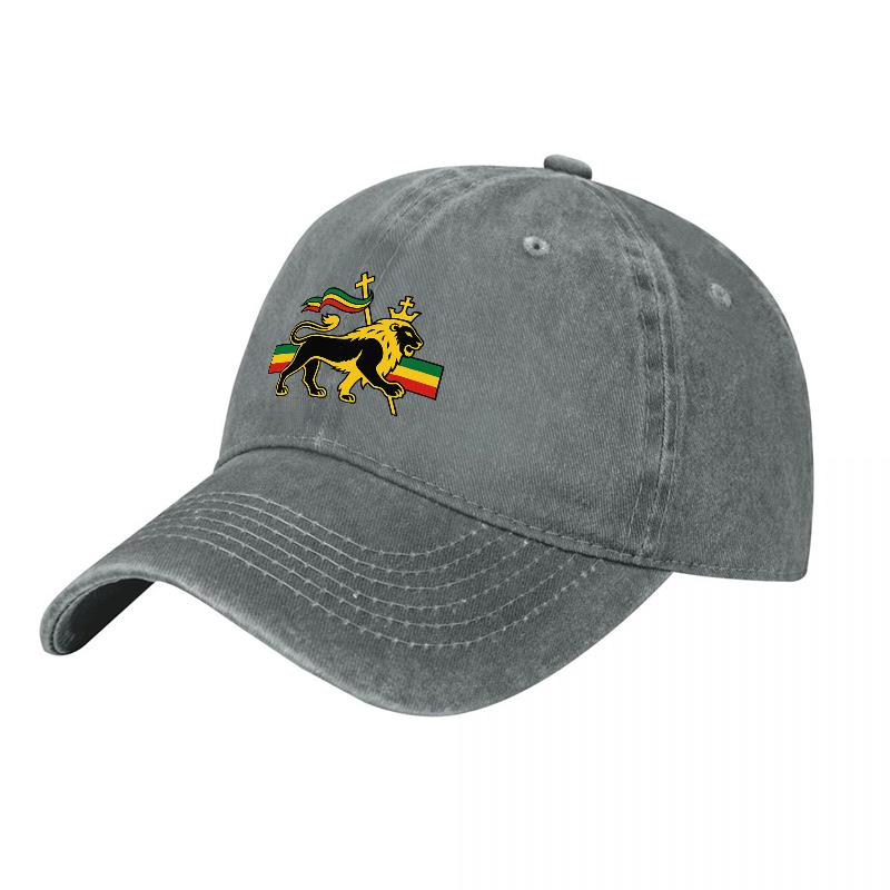 Rasta Lion Emblem Washed Canvas Baseball Cap with Reggae Colors and Symbolic Design for Casual Wear and Style StateUnisext