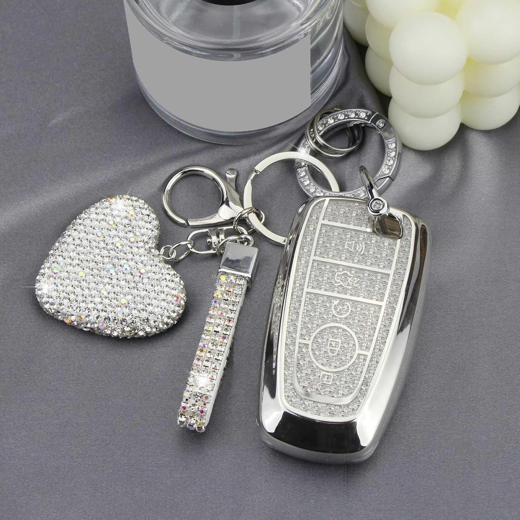 Key Fob Cover with Diamond Keychain for Women, Car Key Holder Compatible with Ford Explorer Fusion Edge Expedition F150 F250 F350 F450 F550 Maverick